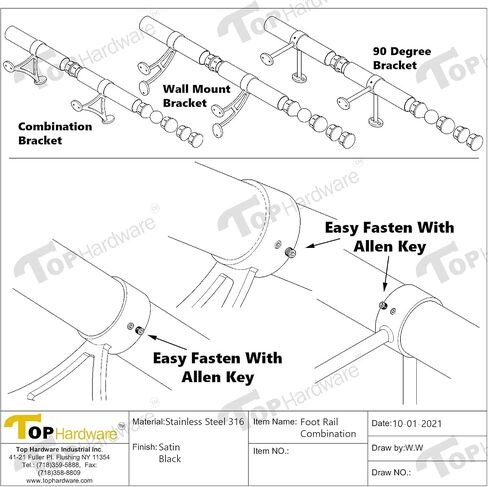 Solid Bar Mount Foot Rail Kit, 2" OD Matt Black Stainless Steel Tubing w/Internal Connector, Combination Foot Rail Brackets, Tapered End Cap, 19 ft = 76 in x 3 in Kuwait
