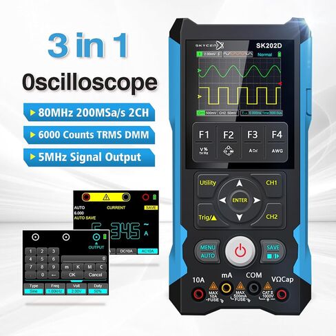 ET202D 3 in 1 Handheld Oscilloscope Multimeter DDS Generator, 2 Channels, 80MHz Bandwidth, 200MSa/s Sampling Rate, 6000 Counts, Voltage, Current, Capacitor, Resistor, Diode Test in Kuwait