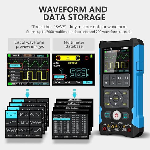 ET202D 3 in 1 Handheld Oscilloscope Multimeter DDS Generator, 2 Channels, 80MHz Bandwidth, 200MSa/s Sampling Rate, 6000 Counts, Voltage, Current, Capacitor, Resistor, Diode Test in Kuwait