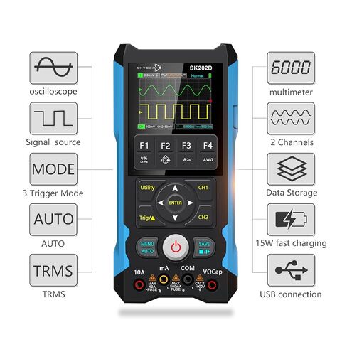 ET202D 3 in 1 Handheld Oscilloscope Multimeter DDS Generator, 2 Channels, 80MHz Bandwidth, 200MSa/s Sampling Rate, 6000 Counts, Voltage, Current, Capacitor, Resistor, Diode Test in Kuwait