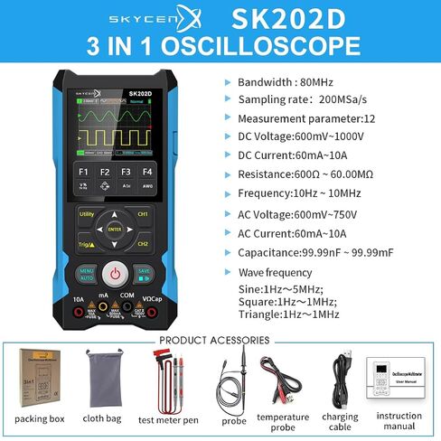 ET202D 3 in 1 Handheld Oscilloscope Multimeter DDS Generator, 2 Channels, 80MHz Bandwidth, 200MSa/s Sampling Rate, 6000 Counts, Voltage, Current, Capacitor, Resistor, Diode Test in Kuwait