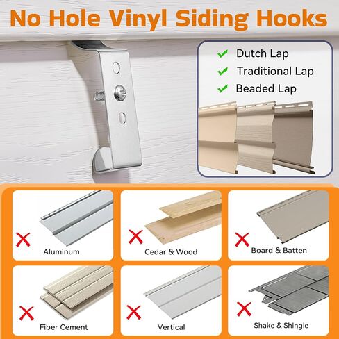 ANDGOO 8 Pack Vinyl Siding Hooks, No Hole Siding Clips with Screws, Vinyl Siding Hangers for Hanging Outdoor, Heavy Duty Outside Camera Mount, for Doorbell, Outdoor Lights & Cables in Kuwait