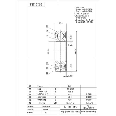 PGN (10 Pack) 6012-2RS Bearing - Lubricated Chrome Steel Sealed Ball Bearing - 60x95x18mm Bearings with Rubber Seal & High RPM Support in Kuwait