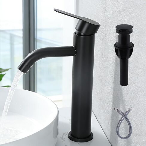 Vessel Sink Faucet Black, Single Handle Single Hole Rv Bathroom Faucet, Tall Lavatory Vanity Sink Faucets with Pop Up Drain and Two 3/8" Hoses in Kuwait