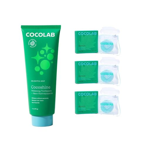 Cocolab Cocofloss Oral-Care Set, 3 Spools Dental Floss & 1 Cocoshine, Woven String Floss with Coconut Oil, Powerful Whitening Toothpaste, Dentist-Designed, Delightful Mint in Kuwait