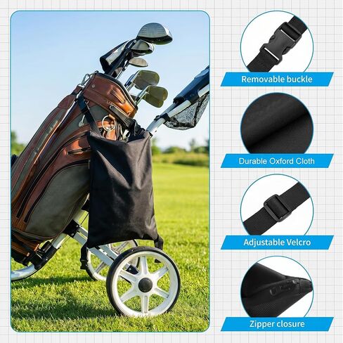 Golf Push Cart Accessories - Golf Storage Bag and Organizer, Oxford Cloth with 3 Adjustable Buckles, Zipper Closure, Inner Waterproof Coating & Inner Mesh Pocket for Universal Golf Push Carts(Black) in Kuwait