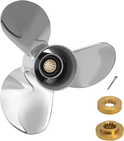 11 × 15 مروحة قارب خارجية من الفولاذ المقاوم للصدأ لمحركات Tohatsu 35-60HP، 13 سنًا خددًا، 3 شفرات، متوافقة مع Tohatsu 35HP 40HP 50HP 60HP، RH in Kuwait