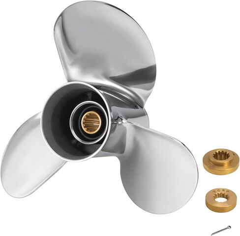 11 × 15 مروحة قارب خارجية من الفولاذ المقاوم للصدأ لمحركات Tohatsu 35-60HP، 13 سنًا خددًا، 3 شفرات، متوافقة مع Tohatsu 35HP 40HP 50HP 60HP، RH in Kuwait