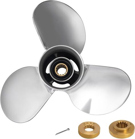 11 × 15 مروحة قارب خارجية من الفولاذ المقاوم للصدأ لمحركات Tohatsu 35-60HP، 13 سنًا خددًا، 3 شفرات، متوافقة مع Tohatsu 35HP 40HP 50HP 60HP، RH in Kuwait