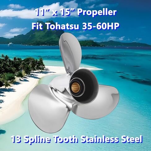 11 × 15 مروحة قارب خارجية من الفولاذ المقاوم للصدأ لمحركات Tohatsu 35-60HP، 13 سنًا خددًا، 3 شفرات، متوافقة مع Tohatsu 35HP 40HP 50HP 60HP، RH in Kuwait
