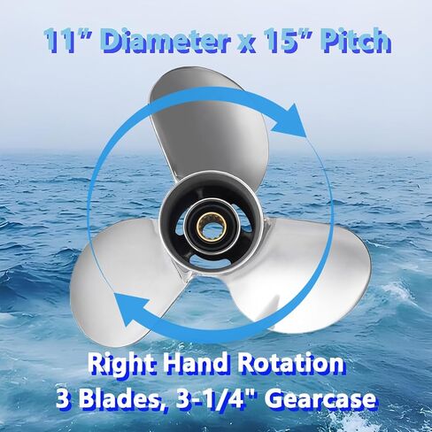 11 × 15 مروحة قارب خارجية من الفولاذ المقاوم للصدأ لمحركات Tohatsu 35-60HP، 13 سنًا خددًا، 3 شفرات، متوافقة مع Tohatsu 35HP 40HP 50HP 60HP، RH in Kuwait