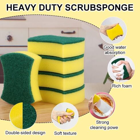 10Pcs Kitchen Cleaning Sponge, Heavy Duty Cleaning Dish Scrubber Sponge for Home Kitchen, Dual Sided Non-Scratch Sponges for Washing Dishes, Pots and Pans in Kuwait