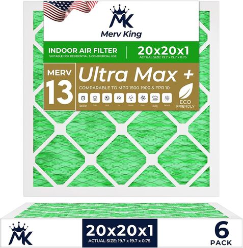 فلتر هواء MervKing 20x20x1 الحجم الفعلي: 19.7 بوصة × 19.7 بوصة × 0.75 بوصة MERV 13 MPR 1500-1900 | صنع في الولايات المتحدة الأمريكية | 6 عبوات | استبدال فرن HVAC المطوي in Kuwait