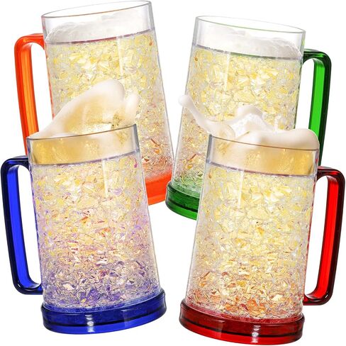 Fasmov Freezer Beer Mugs, 4 Pack Double Wall Gel Frosty Freezer Ice Mugs, Plastic Beer Mugs With Handles for Parties and Gifts, 16oz (Blue, Red, Orange and Green) in Kuwait