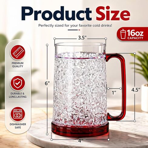 Fasmov Freezer Beer Mugs, 4 Pack Double Wall Gel Frosty Freezer Ice Mugs, Plastic Beer Mugs With Handles for Parties and Gifts, 16oz (Blue, Red, Orange and Green) in Kuwait