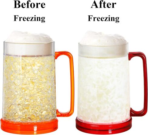 Fasmov Freezer Beer Mugs, 4 Pack Double Wall Gel Frosty Freezer Ice Mugs, Plastic Beer Mugs With Handles for Parties and Gifts, 16oz (Blue, Red, Orange and Green) in Kuwait