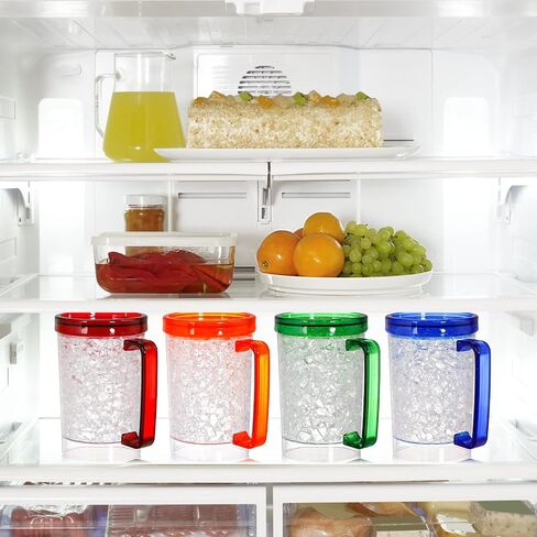 Fasmov Freezer Beer Mugs, 4 Pack Double Wall Gel Frosty Freezer Ice Mugs, Plastic Beer Mugs With Handles for Parties and Gifts, 16oz (Blue, Red, Orange and Green) in Kuwait