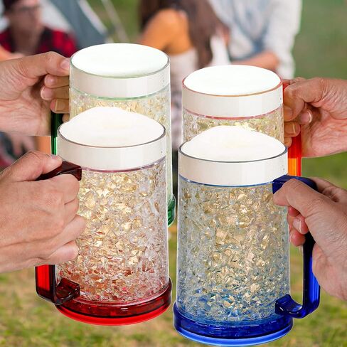 Fasmov Freezer Beer Mugs, 4 Pack Double Wall Gel Frosty Freezer Ice Mugs, Plastic Beer Mugs With Handles for Parties and Gifts, 16oz (Blue, Red, Orange and Green) in Kuwait