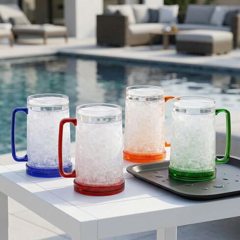 Fasmov Freezer Beer Mugs, 4 Pack Double Wall Gel Frosty Freezer Ice Mugs, Plastic Beer Mugs With Handles for Parties and Gifts, 16oz (Blue, Red, Orange and Green) in Kuwait