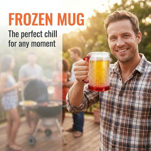 Fasmov Freezer Beer Mugs, 4 Pack Double Wall Gel Frosty Freezer Ice Mugs, Plastic Beer Mugs With Handles for Parties and Gifts, 16oz (Blue, Red, Orange and Green) in Kuwait