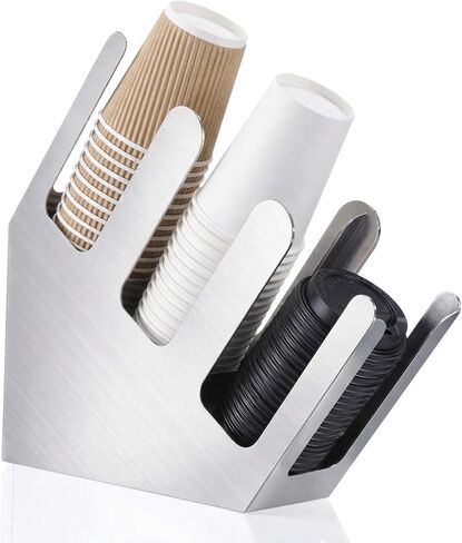Frienda 4 Compartments Stainless Steel Cup and Lid Dispenser, Silver Coffee Cup Holder Organizer Storage for Countertop, Coffee Bar, Beverage Restaurant, Kitchen, Breakroom in Kuwait