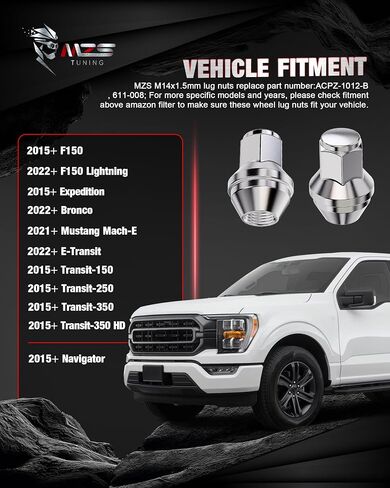 MZS M14x1.5 Lug Nuts, 21mm Hex Closed End Acorn Seat Wheel Nut for 2015+ F150 Expedition Navigator Factory Wheels, One-Piece Design, Replace OEM ACPZ-1012-B 611-008, Chrome, 24Pcs in Kuwait