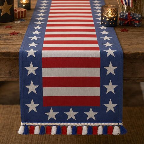 4th of July Table Runner Stripes Stars America Red White and Blue Decorations Memorial Day Independence Day Patriotic Runners Embroidered Macrame Holiday Kitchen Dining Home Party Supply 13x72 Inch in Kuwait