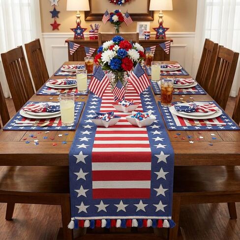 4th of July Table Runner Stripes Stars America Red White and Blue Decorations Memorial Day Independence Day Patriotic Runners Embroidered Macrame Holiday Kitchen Dining Home Party Supply 13x72 Inch in Kuwait