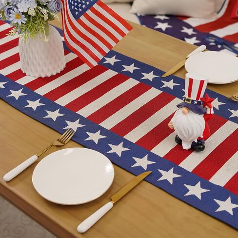 4th of July Table Runner Stripes Stars America Red White and Blue Decorations Memorial Day Independence Day Patriotic Runners Embroidered Macrame Holiday Kitchen Dining Home Party Supply 13x72 Inch in Kuwait