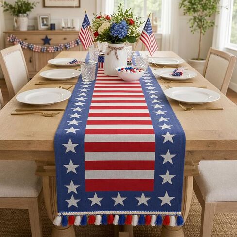 4th of July Table Runner Stripes Stars America Red White and Blue Decorations Memorial Day Independence Day Patriotic Runners Embroidered Macrame Holiday Kitchen Dining Home Party Supply 13x72 Inch in Kuwait