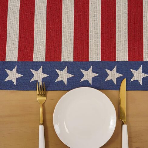 4th of July Table Runner Stripes Stars America Red White and Blue Decorations Memorial Day Independence Day Patriotic Runners Embroidered Macrame Holiday Kitchen Dining Home Party Supply 13x72 Inch in Kuwait