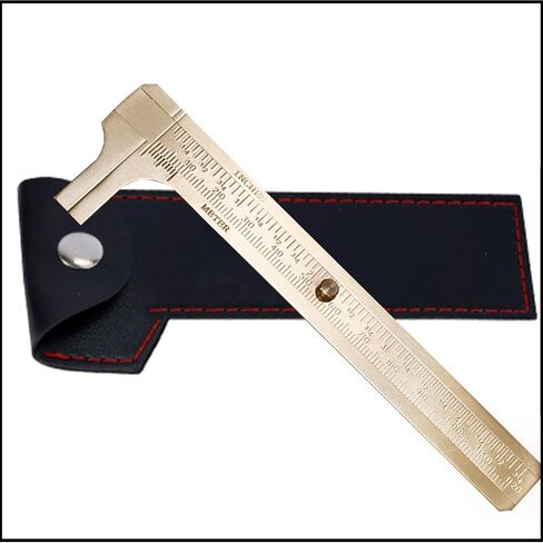 Solid Brass Dual Scale Caliper with Protective Leather Sleeve – Flat Tip Vernier Caliper with Inch & Metric Scales – Precision Measuring Tool for Jewelry, Woodworking, and DIY Projects in Kuwait