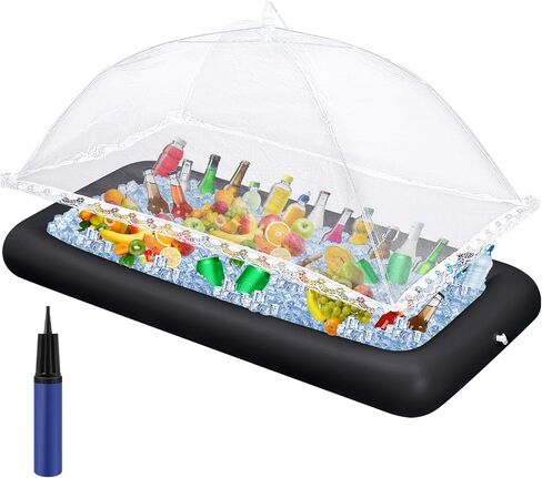 Leitee 3 Pcs Inflatable Serving Bar Kit Includes Salad Buffet Tray with Drain Plug Mesh Food Cover Food Drink Containers and Inflator for Ice Supplies Halloween Party Camping Picnic(White) in Kuwait