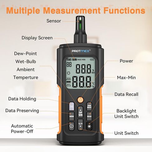 YT606 Temperature Humidity Meter High Precision Digital Hygrometer with Ambient, Relative Humidity, Dew Point, Wet Bulb Thermometer for Indoor Outdoor, Digital Thermometer Min/Max Hold, LCD Backlight in Kuwait