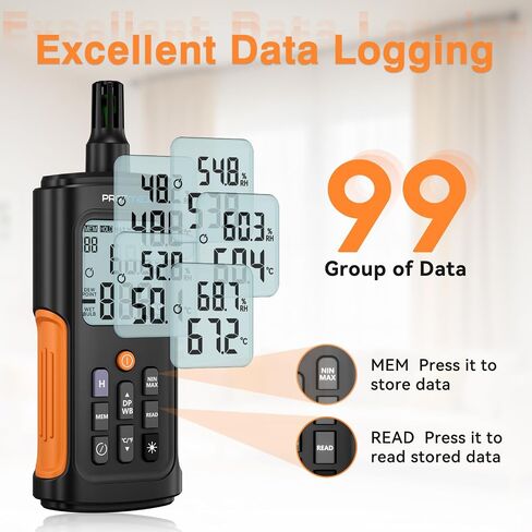 YT606 Temperature Humidity Meter High Precision Digital Hygrometer with Ambient, Relative Humidity, Dew Point, Wet Bulb Thermometer for Indoor Outdoor, Digital Thermometer Min/Max Hold, LCD Backlight in Kuwait