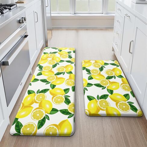 MAYHMYO Lemon Kitchen Mat Set of 2 - Anti Fatigue Mats for Kitchen Floor - Non Slip Cushioned Rugs for Standing - Lemon Decor (17.3"×29"+17.3"×47"-0.4") White in Kuwait