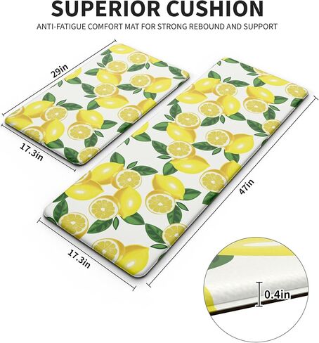MAYHMYO Lemon Kitchen Mat Set of 2 - Anti Fatigue Mats for Kitchen Floor - Non Slip Cushioned Rugs for Standing - Lemon Decor (17.3"×29"+17.3"×47"-0.4") White in Kuwait
