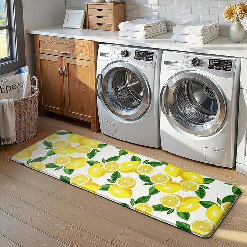 MAYHMYO Lemon Kitchen Mat Set of 2 - Anti Fatigue Mats for Kitchen Floor - Non Slip Cushioned Rugs for Standing - Lemon Decor (17.3"×29"+17.3"×47"-0.4") White in Kuwait