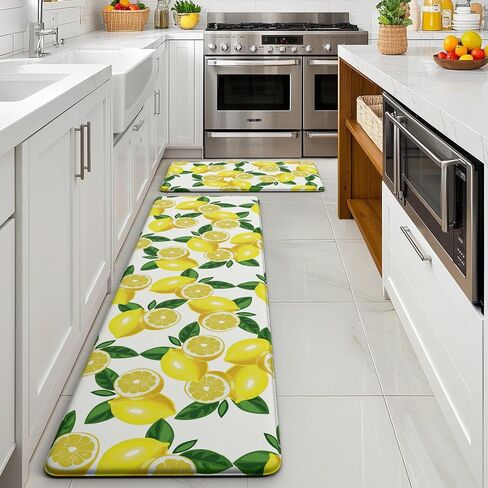 MAYHMYO Lemon Kitchen Mat Set of 2 - Anti Fatigue Mats for Kitchen Floor - Non Slip Cushioned Rugs for Standing - Lemon Decor (17.3"×29"+17.3"×47"-0.4") White in Kuwait