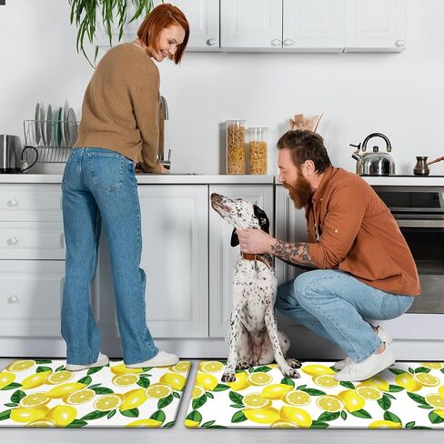 MAYHMYO Lemon Kitchen Mat Set of 2 - Anti Fatigue Mats for Kitchen Floor - Non Slip Cushioned Rugs for Standing - Lemon Decor (17.3"×29"+17.3"×47"-0.4") White in Kuwait