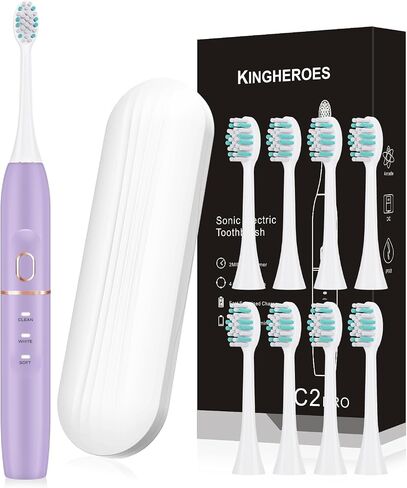 kingheroes Electric Toothbrush Set, Comes with 8 Brush Heads & Travel Case,4 Modes with 2 Minutes Built in Smart Timer, One Charge for 60 Days, 42000 VPM Motor (Black) in Kuwait
