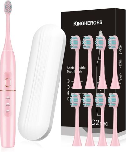 kingheroes Electric Toothbrush Set, Comes with 8 Brush Heads & Travel Case,4 Modes with 2 Minutes Built in Smart Timer, One Charge for 60 Days, 42000 VPM Motor (Black) in Kuwait
