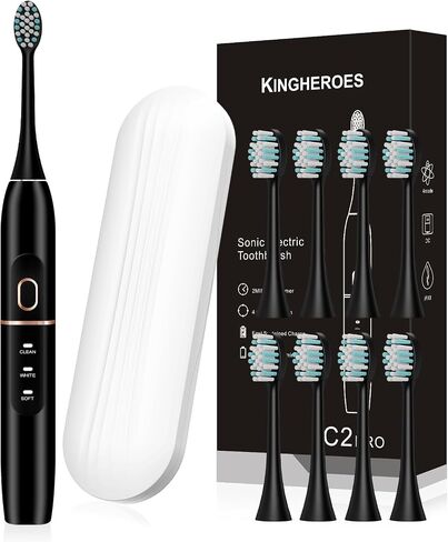kingheroes Electric Toothbrush Set, Comes with 8 Brush Heads & Travel Case,4 Modes with 2 Minutes Built in Smart Timer, One Charge for 60 Days, 42000 VPM Motor (Black) in Kuwait