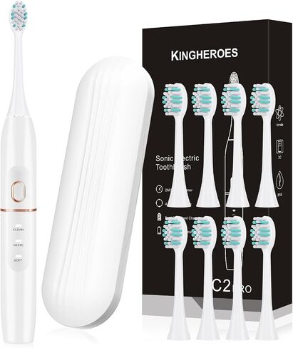 kingheroes Electric Toothbrush Set, Comes with 8 Brush Heads & Travel Case,4 Modes with 2 Minutes Built in Smart Timer, One Charge for 60 Days, 42000 VPM Motor (Black) in Kuwait