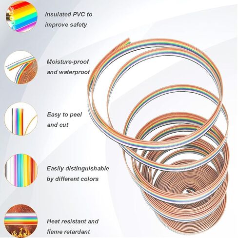 5M/16.4ft Rainbow Flat Ribbon Cable 10 Pin IDC Wire Cable Kit, PVC & Copper, Compatible with 2.54mm Connectors,with FC-10P IDC Sockets Female Connector in Kuwait