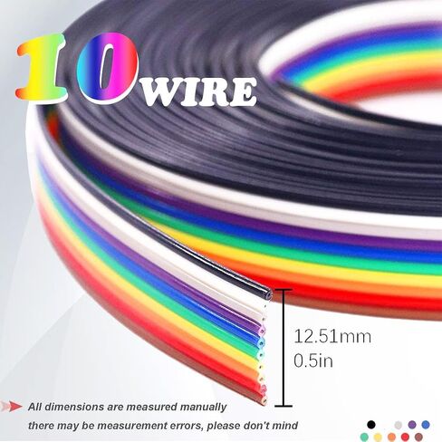5M/16.4ft Rainbow Flat Ribbon Cable 10 Pin IDC Wire Cable Kit, PVC & Copper, Compatible with 2.54mm Connectors,with FC-10P IDC Sockets Female Connector in Kuwait