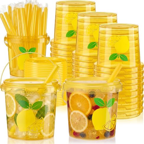 Funnymoom 24 Pack 32oz Lemonade Cups Lemon Drink Buckets with Lids and Straws Summer Party Yellow Plastic Buckets Ice Cream Reusable Food Containers with Handle Cocktail Cups for Beach Pool Parties in Kuwait