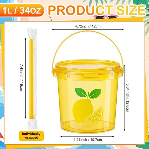 Funnymoom 24 Pack 32oz Lemonade Cups Lemon Drink Buckets with Lids and Straws Summer Party Yellow Plastic Buckets Ice Cream Reusable Food Containers with Handle Cocktail Cups for Beach Pool Parties in Kuwait