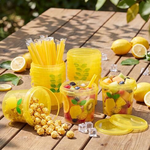Funnymoom 24 Pack 32oz Lemonade Cups Lemon Drink Buckets with Lids and Straws Summer Party Yellow Plastic Buckets Ice Cream Reusable Food Containers with Handle Cocktail Cups for Beach Pool Parties in Kuwait