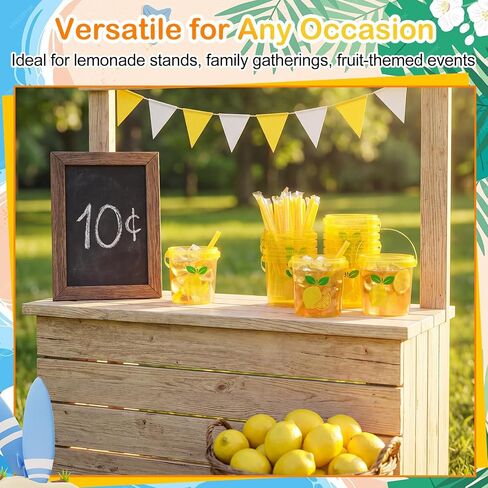 Funnymoom 24 Pack 32oz Lemonade Cups Lemon Drink Buckets with Lids and Straws Summer Party Yellow Plastic Buckets Ice Cream Reusable Food Containers with Handle Cocktail Cups for Beach Pool Parties in Kuwait